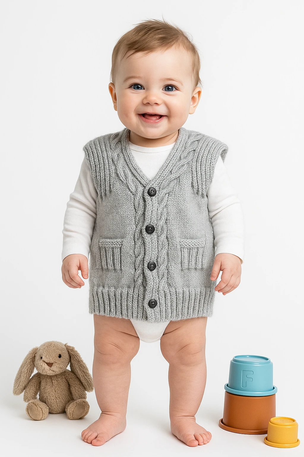 El İşi Örgü Desenli Düğmeli Yelek