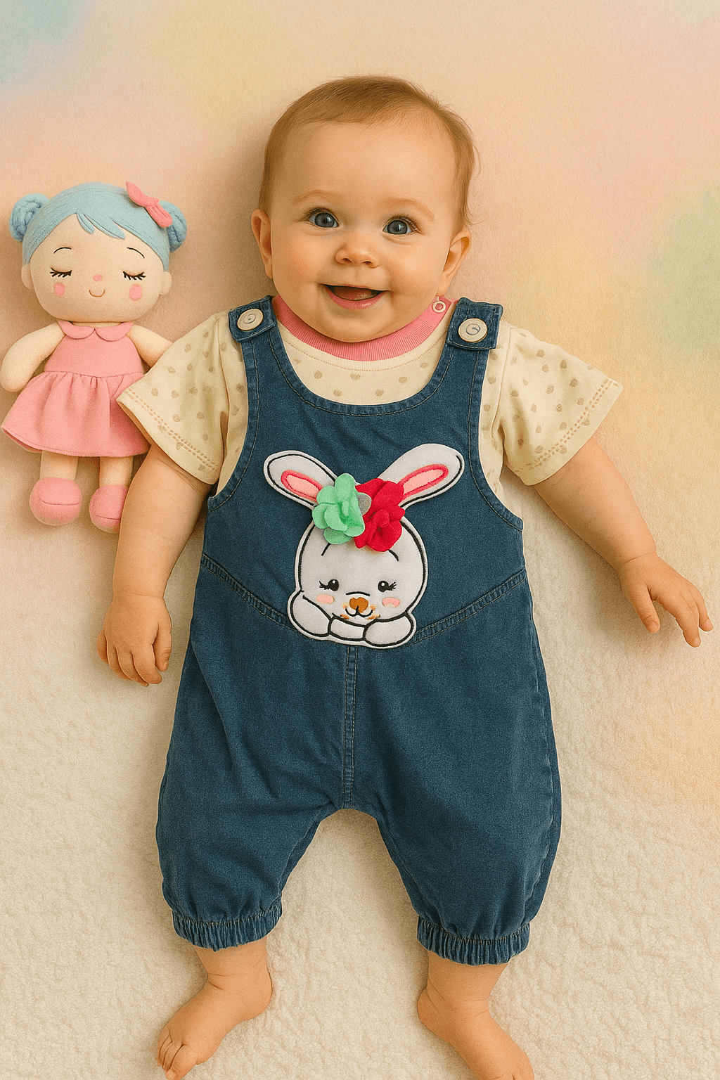 Cute Rabbit Yazlık Kot Salopet Set