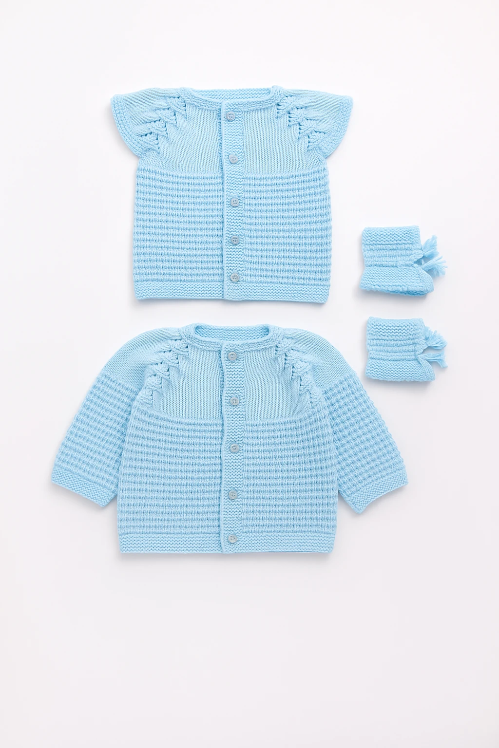 El İşi Örgü Desenli Düğmeli 2 Yelek + Patik 3'lü Set