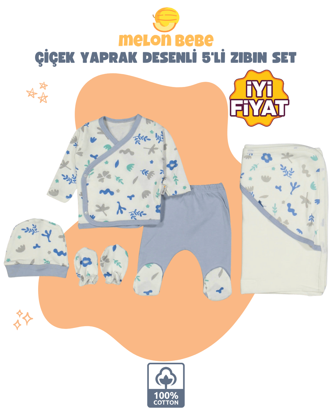 Çiçek Yaprak Desenli 5'li Zıbın Set