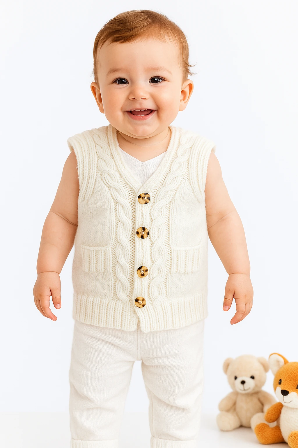 El İşi Örgü Desenli Düğmeli Yelek