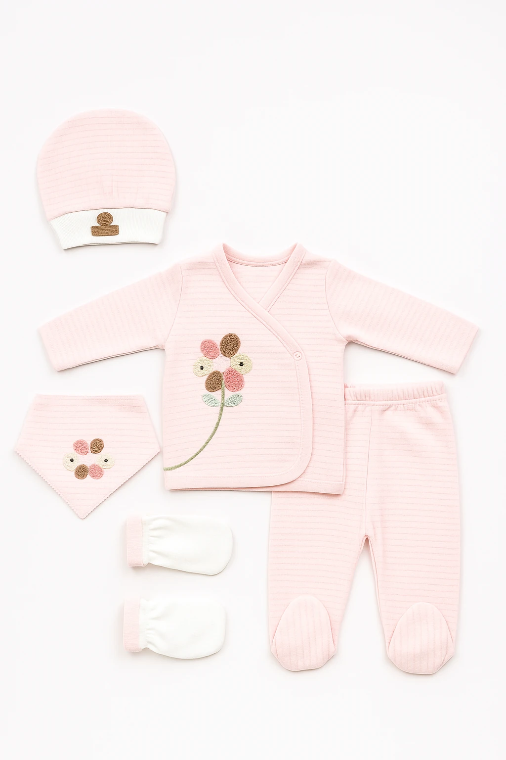 Çiçekli Waffle Kumaş 5'li Organik Lüx Zıbın Seti