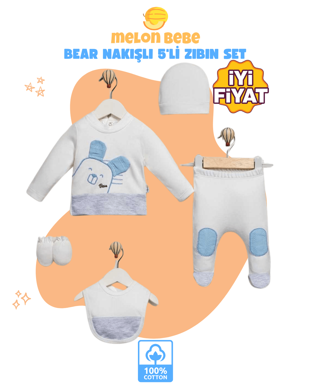 Bear Nakışlı 5'li Zıbın Set