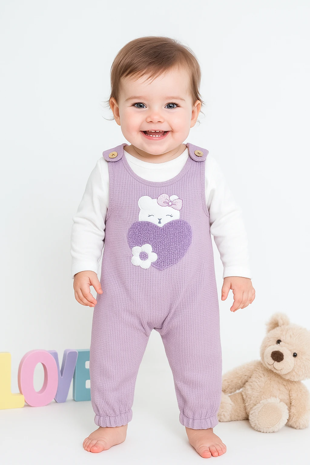 Kalp İşlemeli Omuzdan Düğmeli 2'Li Salopet Set