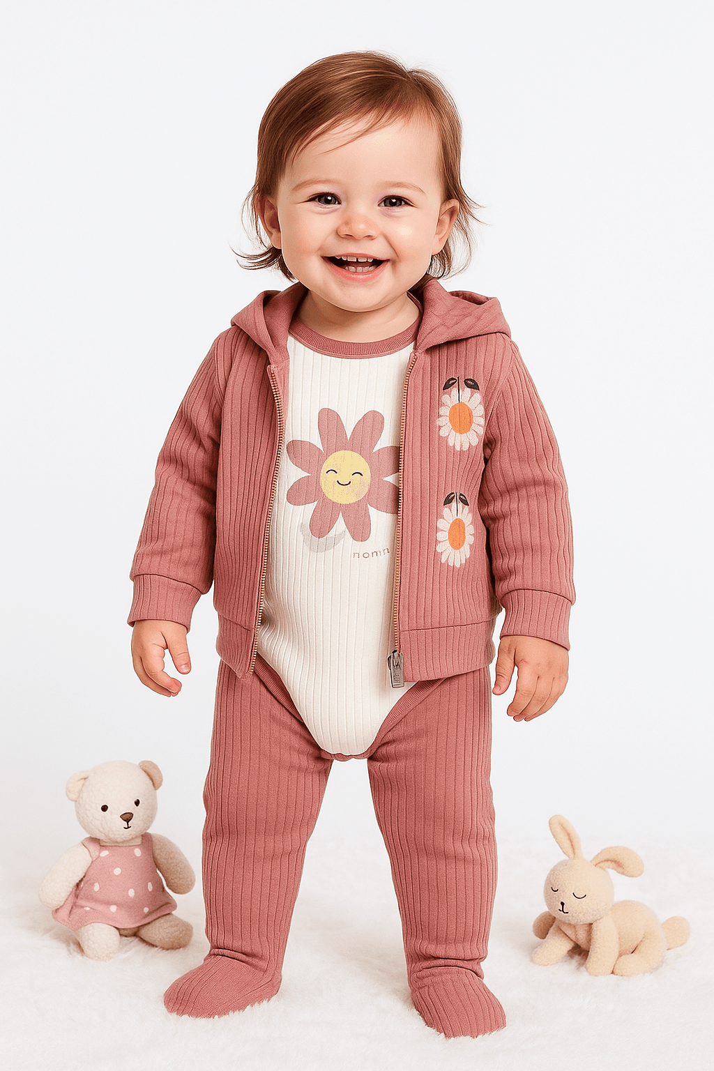 Cute Flowers Kapşonlu Yelekli 3'lü Takım