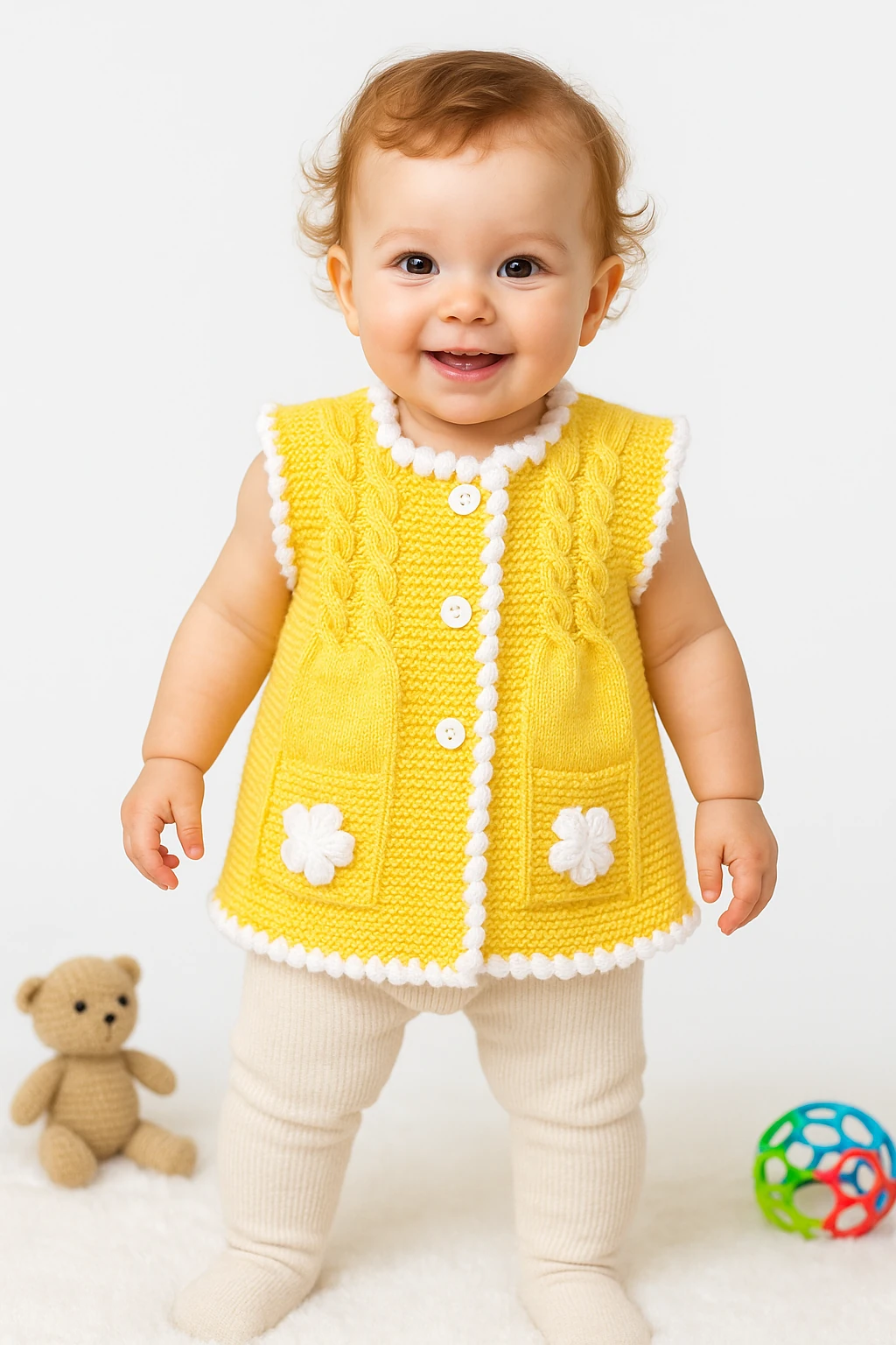 El İşi Örgü Desenli Düğmeli Yelek