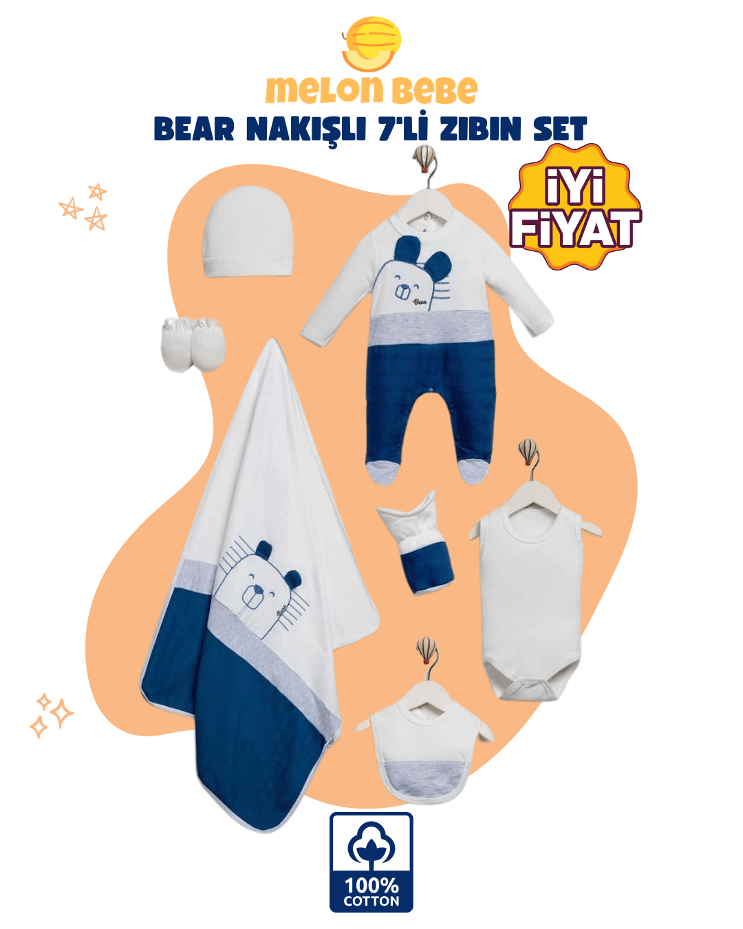 Bear Nakışlı 7'li Zıbın Set