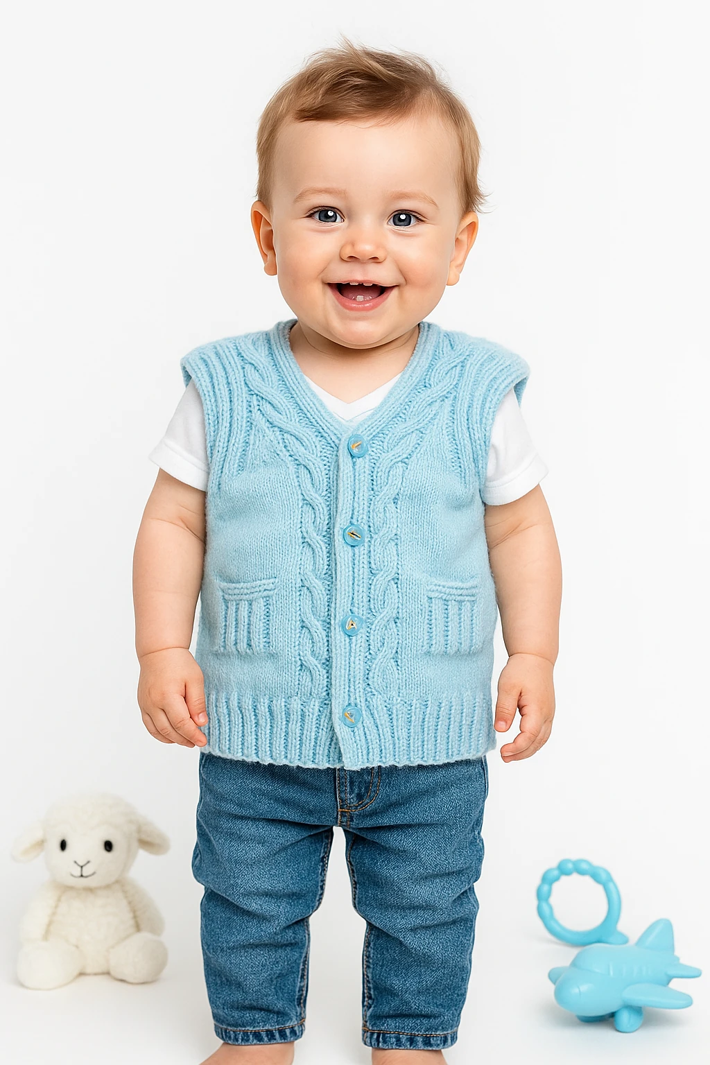 El İşi Örgü Desenli Düğmeli Yelek