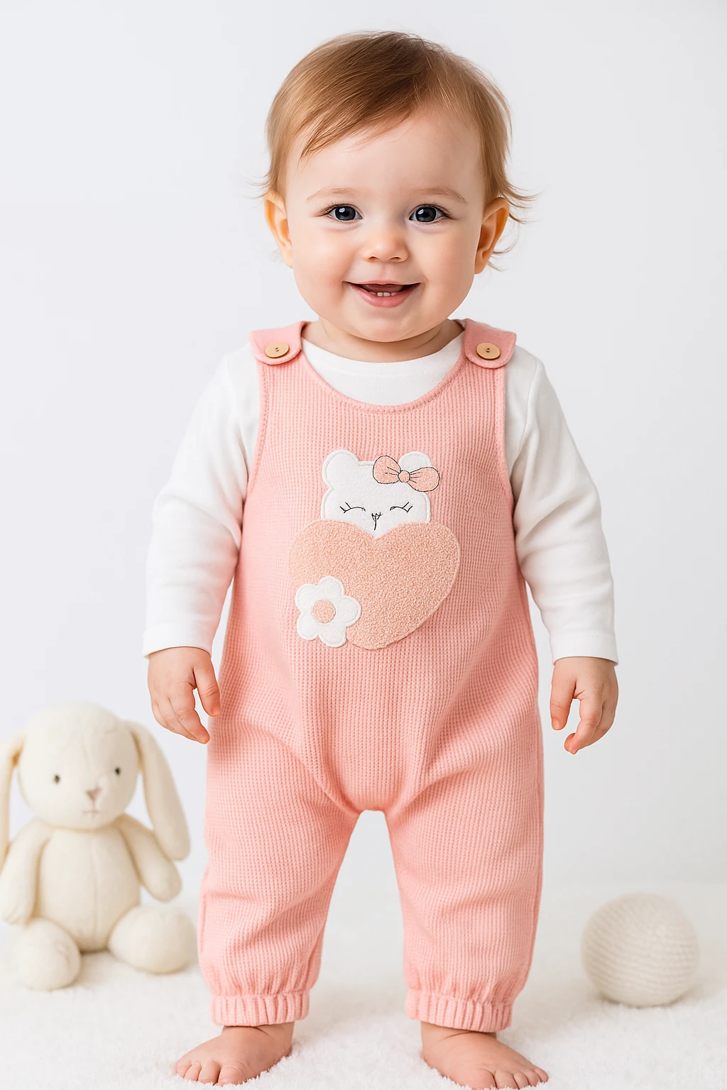 Kalp İşlemeli Omuzdan Düğmeli 2'Li Salopet Set