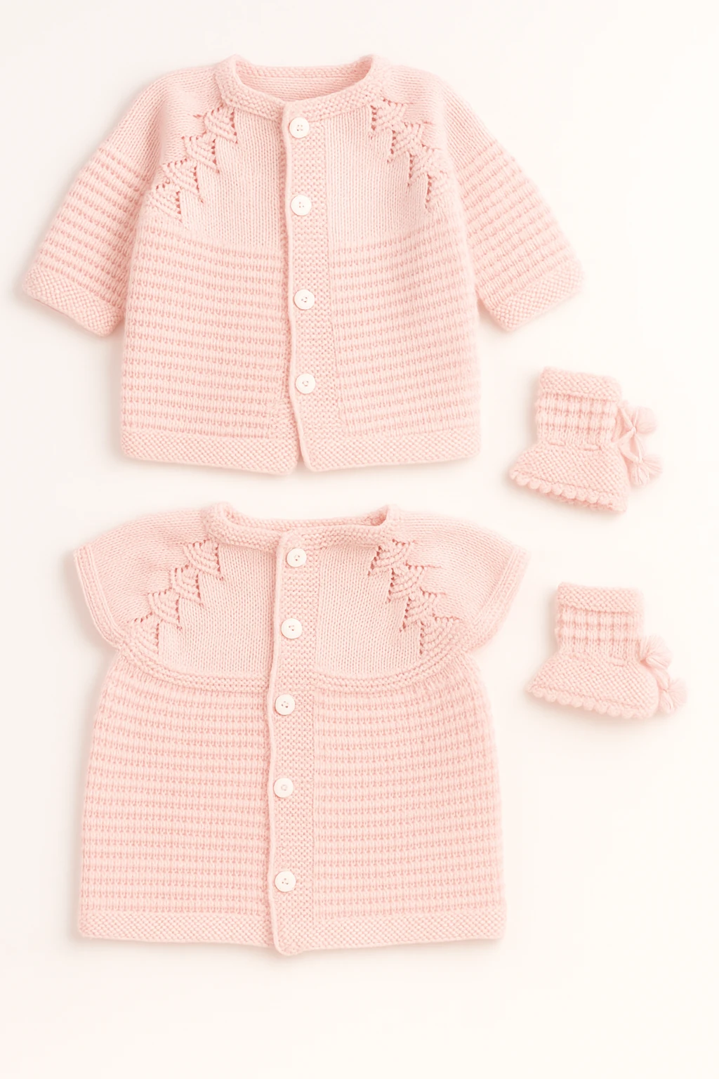 El İşi Örgü Desenli Düğmeli 2 Yelek + Patik 3'lü Set