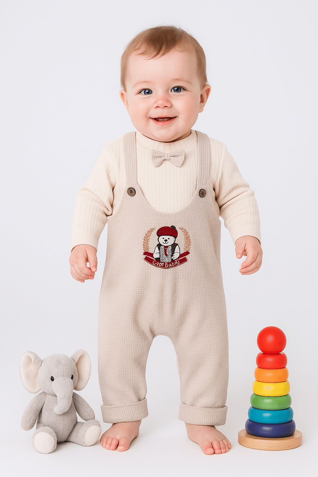 Baby Papyonlu Waffle Kumaş 2'li Salopet Set