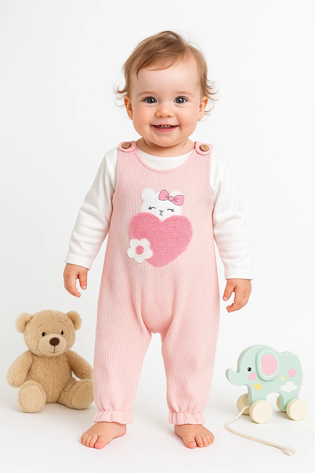 Kalp İşlemeli Omuzdan Düğmeli 2'Li Salopet Set