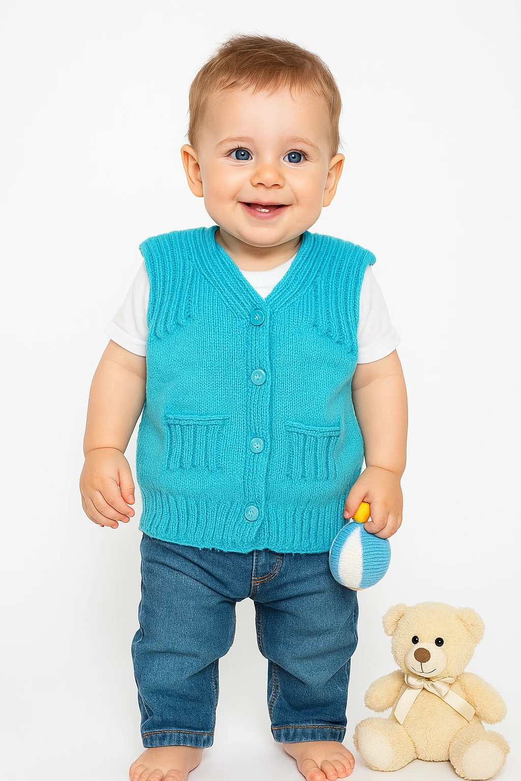 El İşi Örgü Desenli Düğmeli Yelek