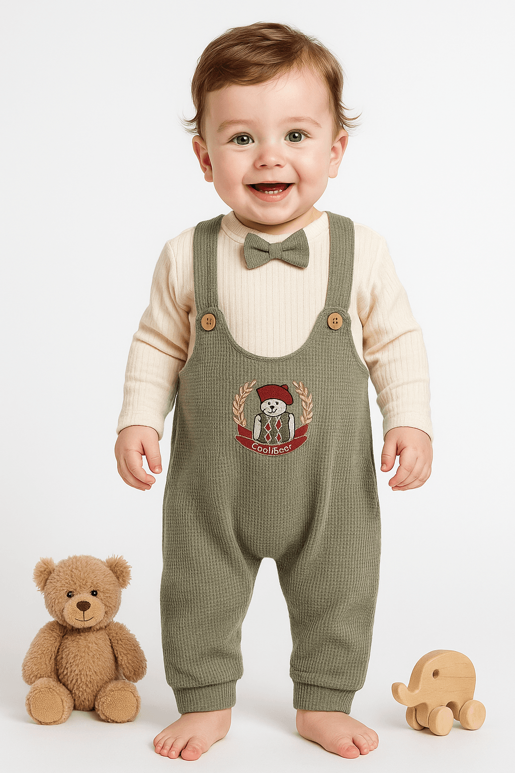 Baby Papyonlu Waffle Kumaş 2'li Salopet Set