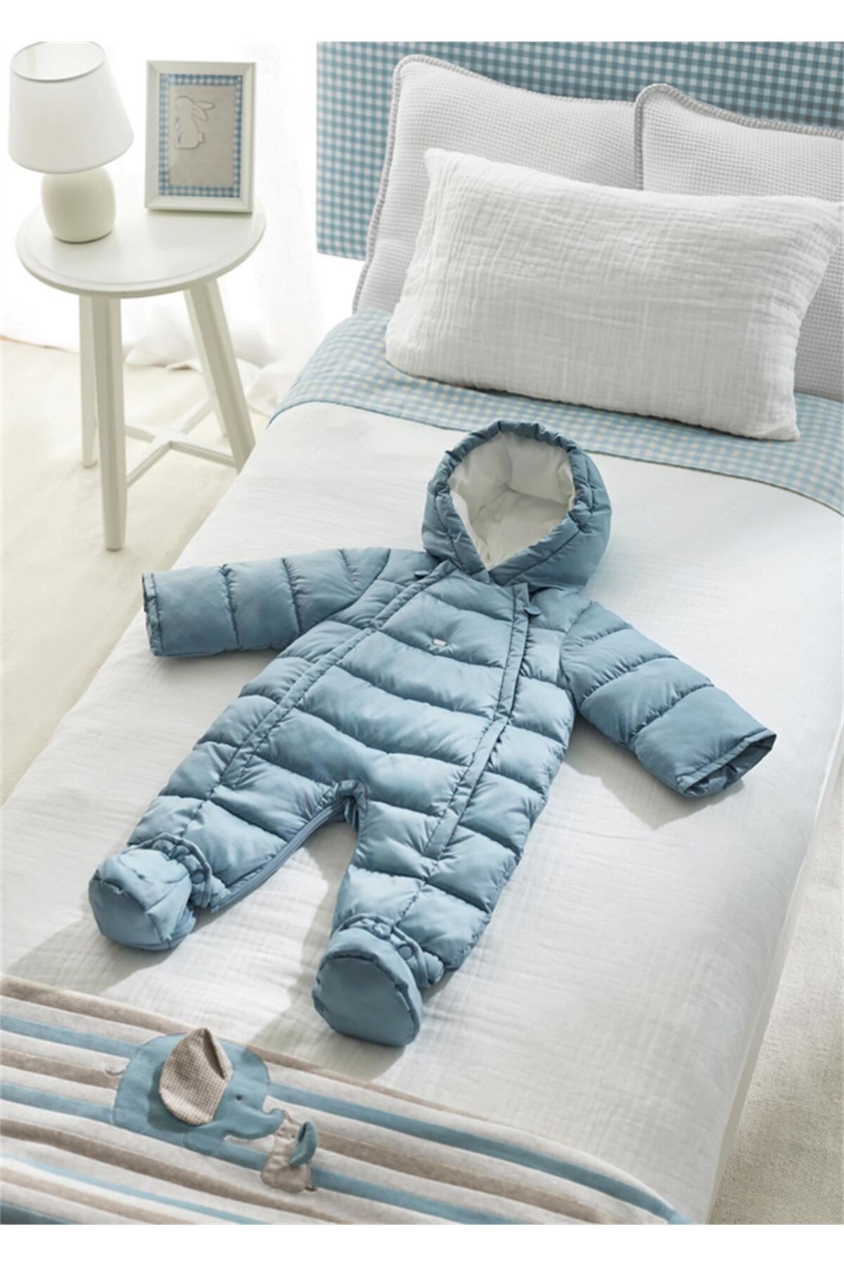 Erkek Bebek Şişme Şapkalı Patikli Tulum Turkuaz 2607