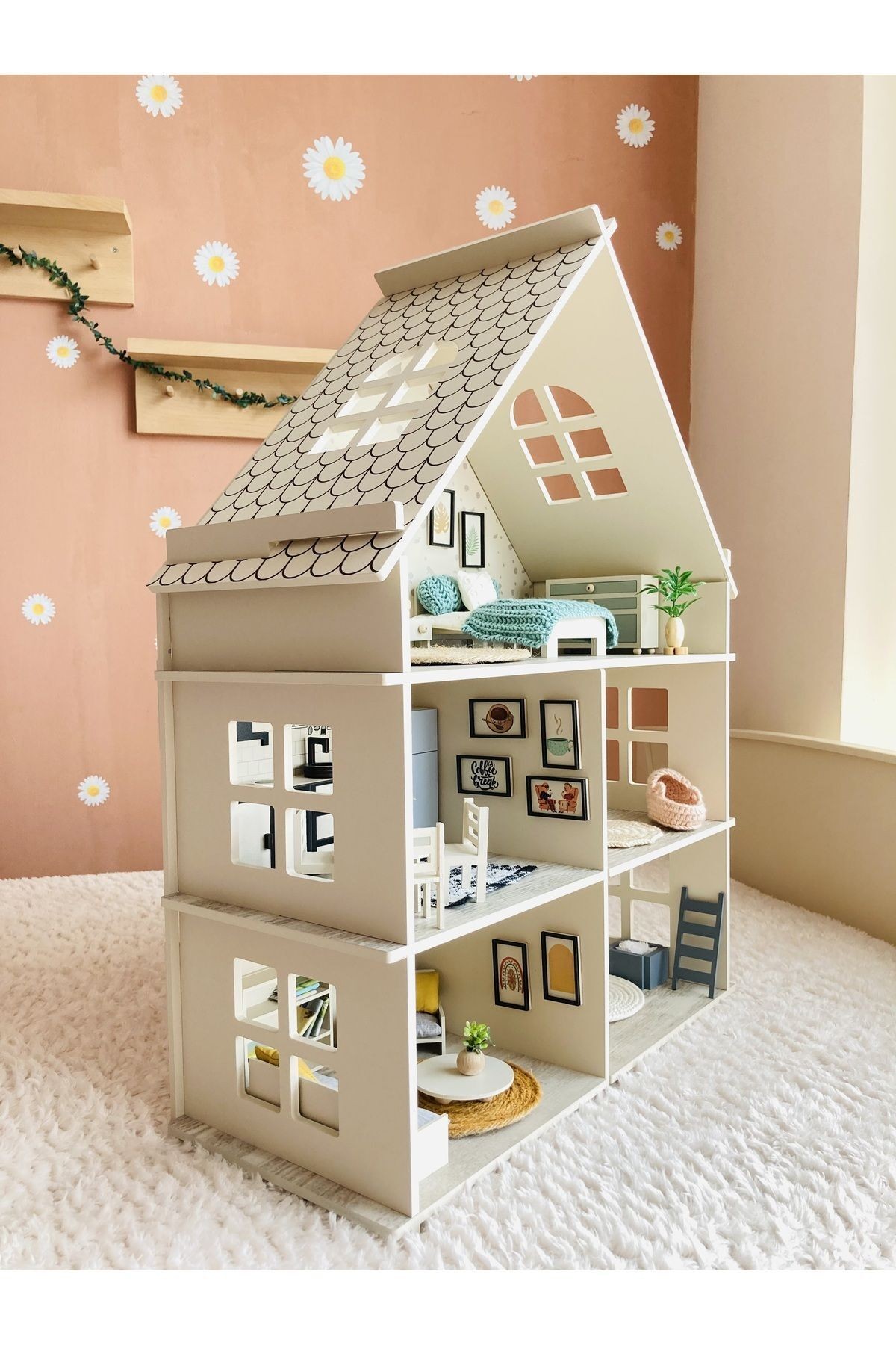 Ahşap Oyuncak Bebek-Çocuk Dekor Oyun Evi-3 Katlı-85 Parçalı Oyuncak Ev