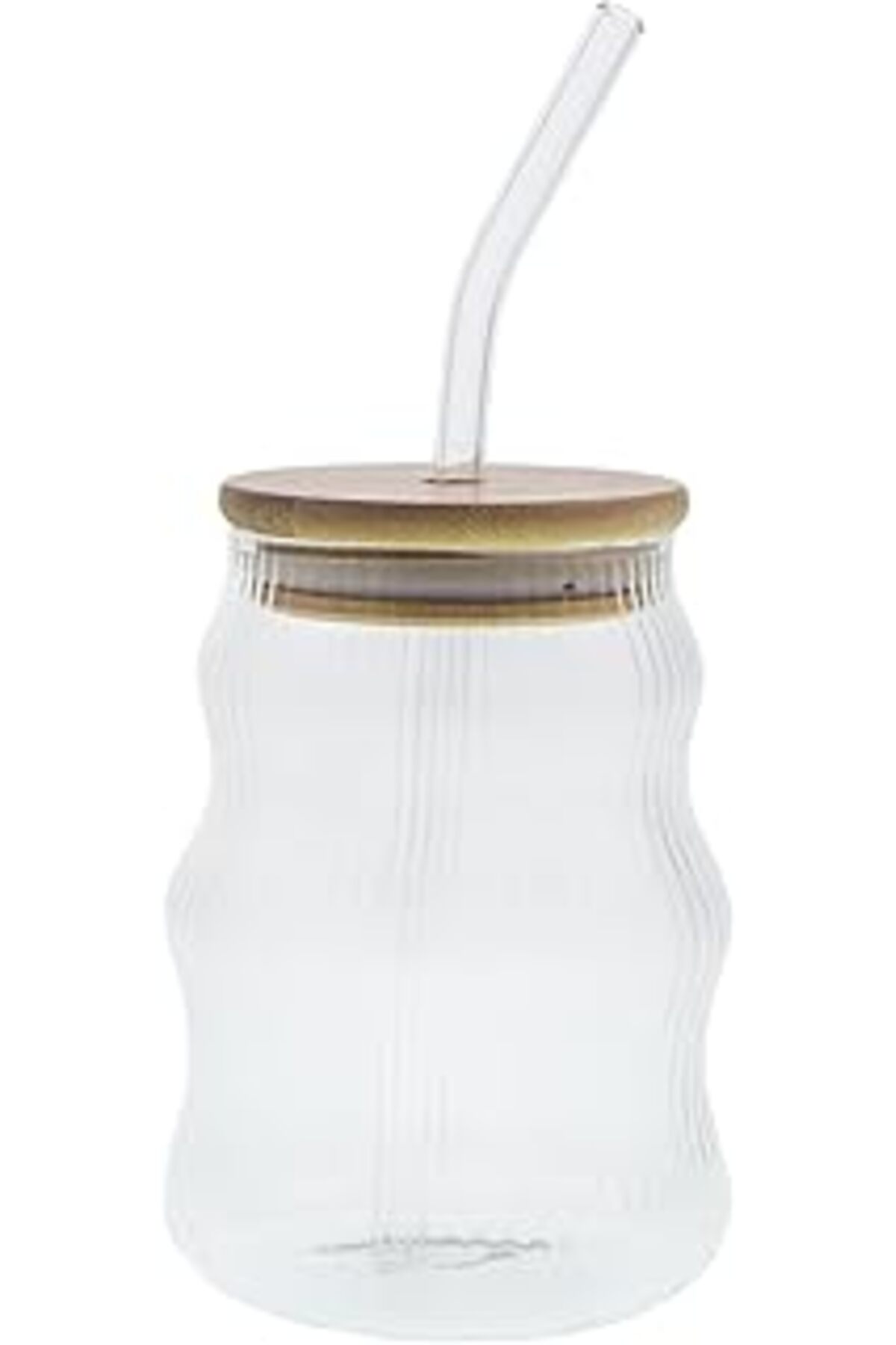 Reovo 500Ml Bambu Kapaklı Cam Bardak, Cam Pipetli Siliko Kapak Cotalı İce Çizgi Deseli Sıcak Soğuk