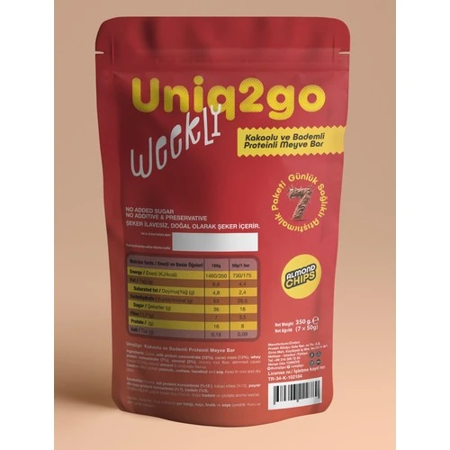 Uniq2go Weekly Kakaolu & Bademli Proteinli Meyve Bar - 7 Adet 50 gr