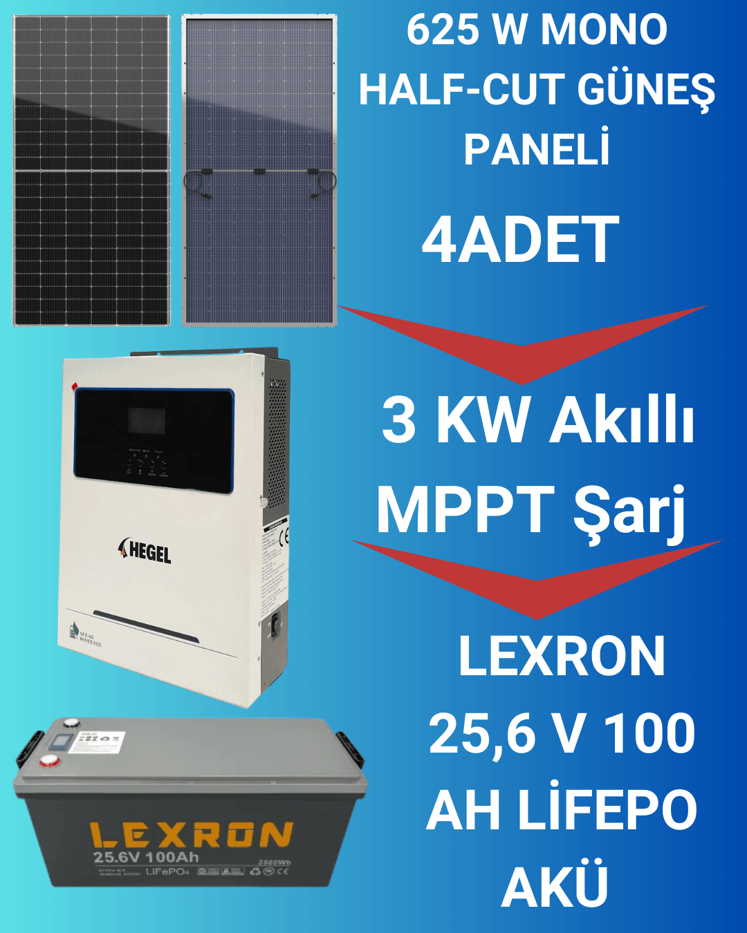 3KW MPPT Hegel İnverter + 2500W Güneş Paneli + 25,6V 100Ah LiFePO4 Akü Solar Enerji Seti