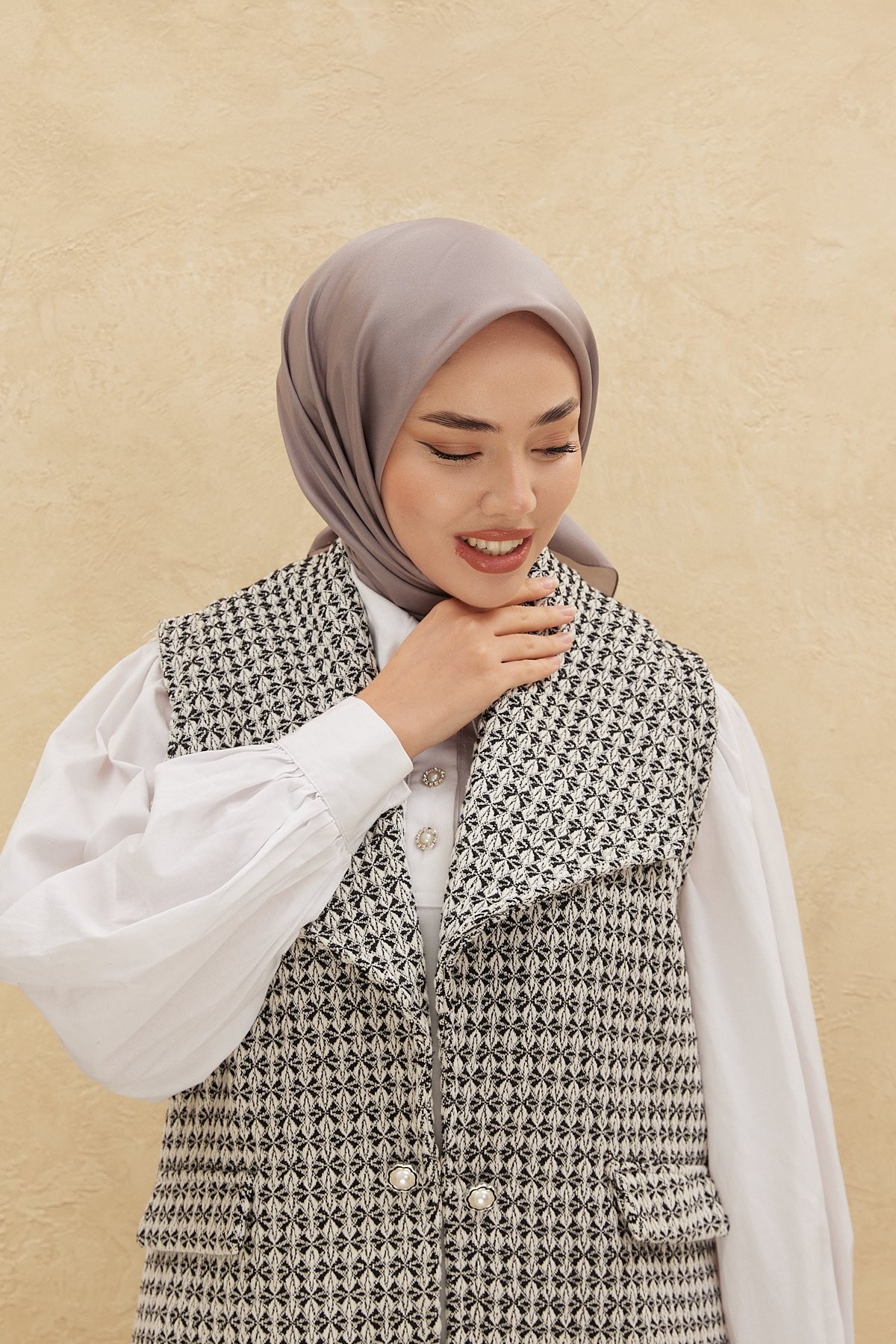 Düz Saten Eşarp - açık gri