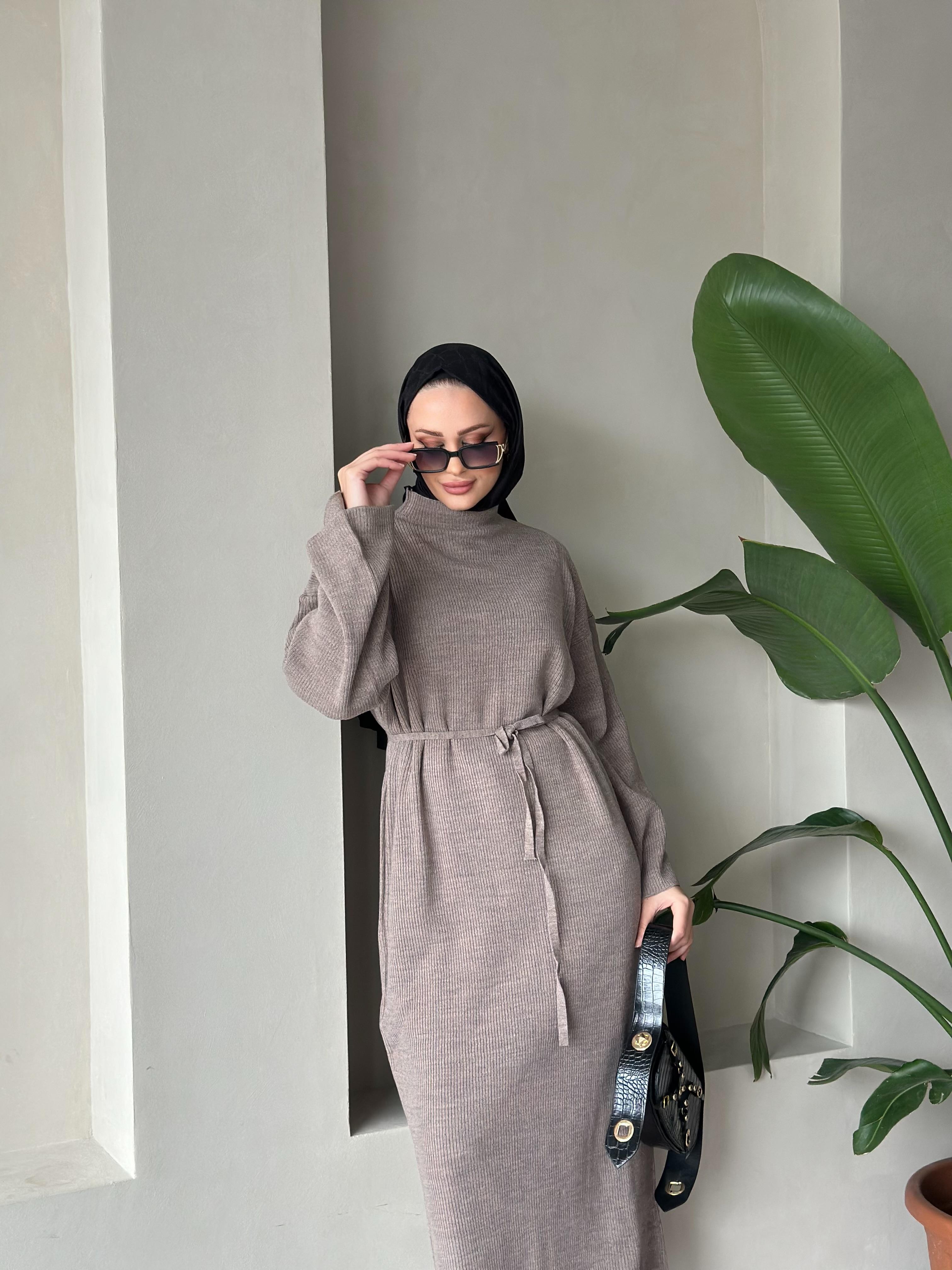 Ovesize Düz Kuşaklı Triko Elbise - taba