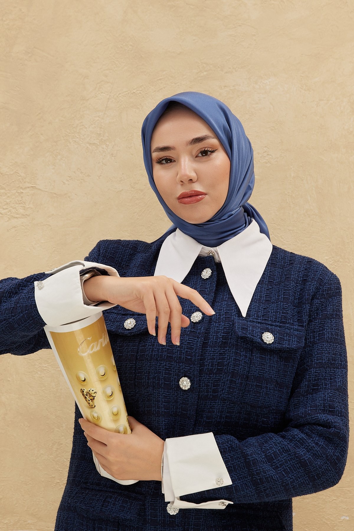 Düz Saten Eşarp - mavi