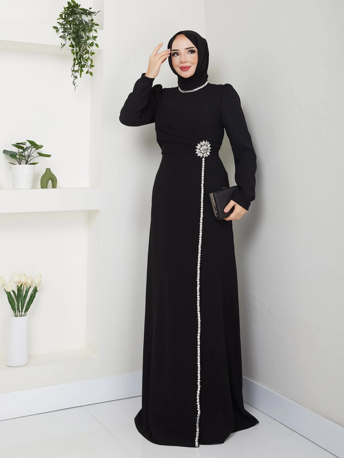 Krep Kumaş Elbise - siyah