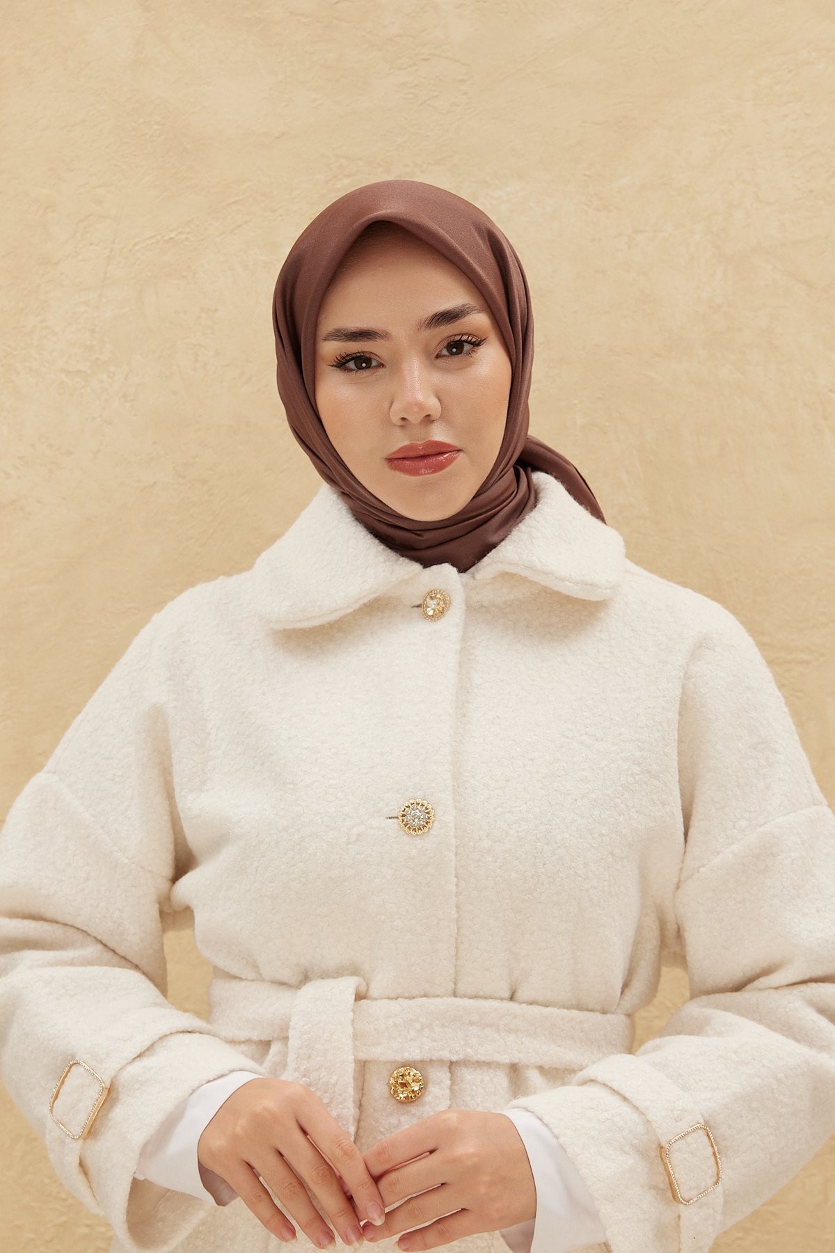 Düz Saten Eşarp - kahverengi