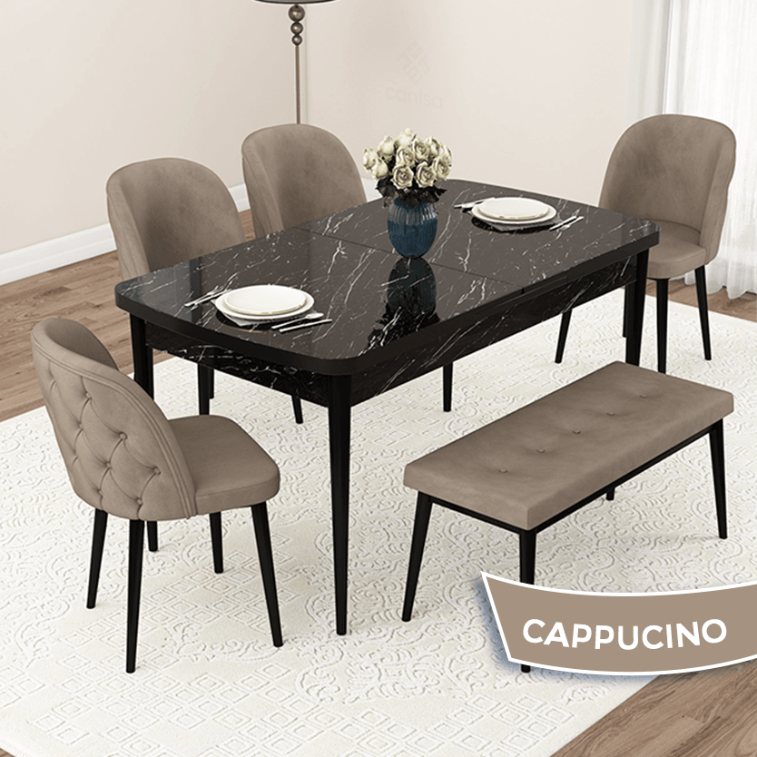 Masa Siyah Mermer Desen Sandalye Cappucino Renk