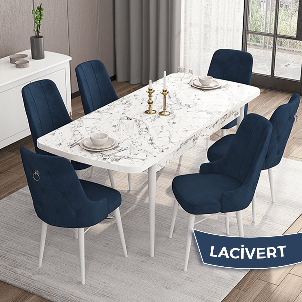 Lacivert Sandalye Beyaz Mermer Desen Masa