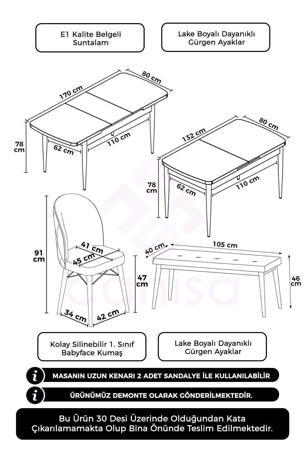 Rut Serisi 80x132 Açılabilir Siyah Mermer Desen Masa Takımı 4 Sandalye Ve 1 Bench