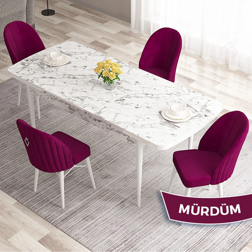Masa Beyaz Mermer Desen Sandalye Mürdüm