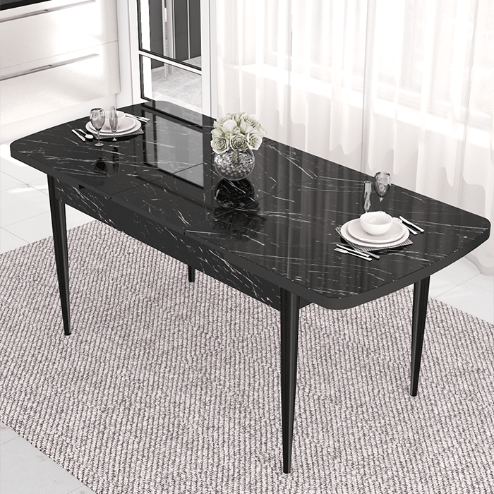 Nex Serisi 80x132 Mdf Açılabilir Gümüş Halka Siyah Mermer Desen Masa Takımı Ve 6 Sandalye