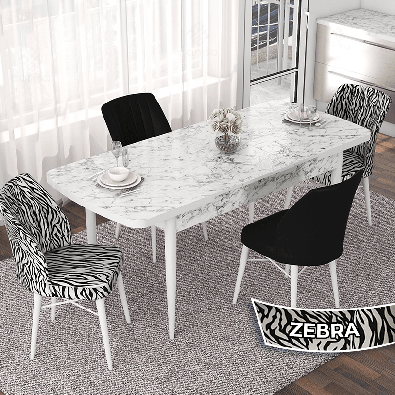 masa beyaz mermer sandalye 2 siyah 2 zebra