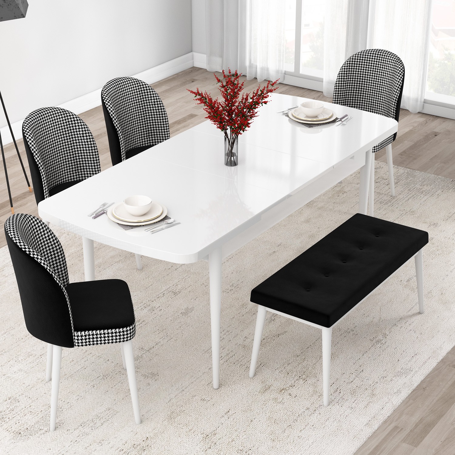 Jul Serisi 80x132 Açılabilir Beyaz Mutfak Masası Takımı 4 Sandalye Ve 1 Bench