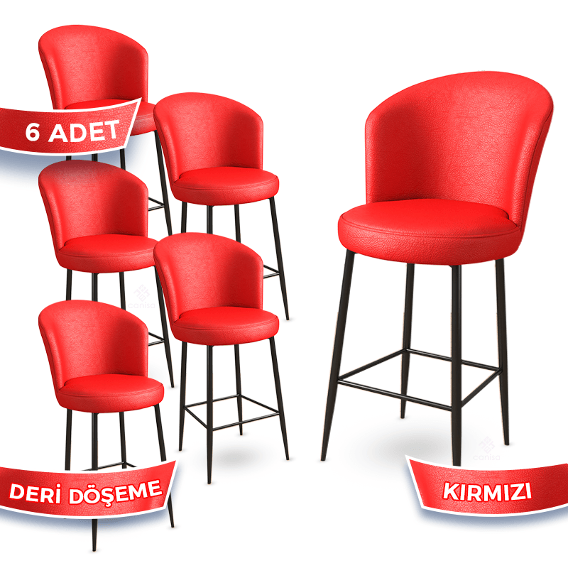 Uras Serisi 6 Adet Ada Bar Sandalyesi Suni Deri Kumaş Siyah Ayak