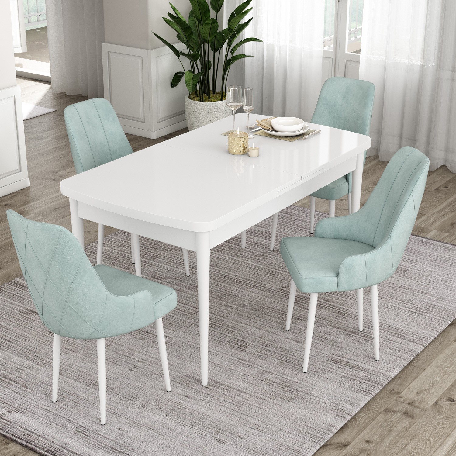 Ram Serisi 80x132 Açılabilir Beyaz Masa Takımı ve 4 Sandalye