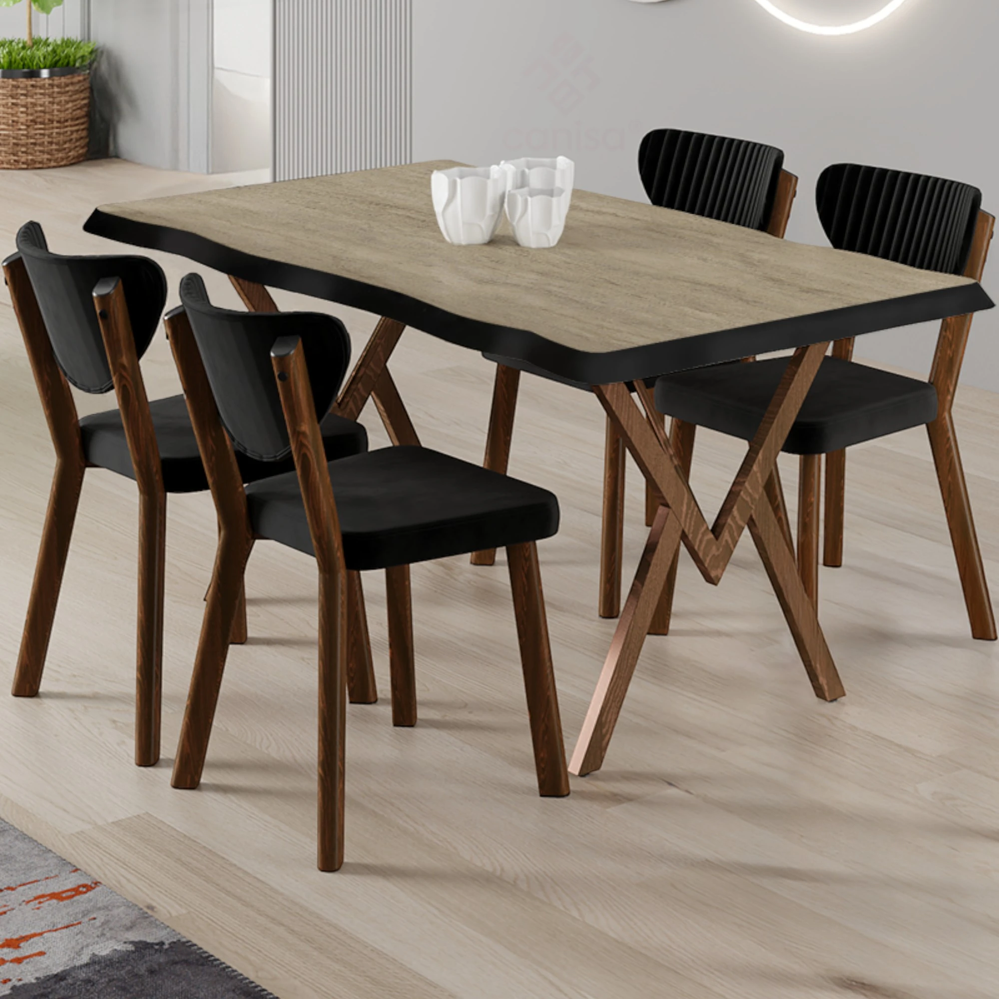 Traverten masa Siyah Sandalye