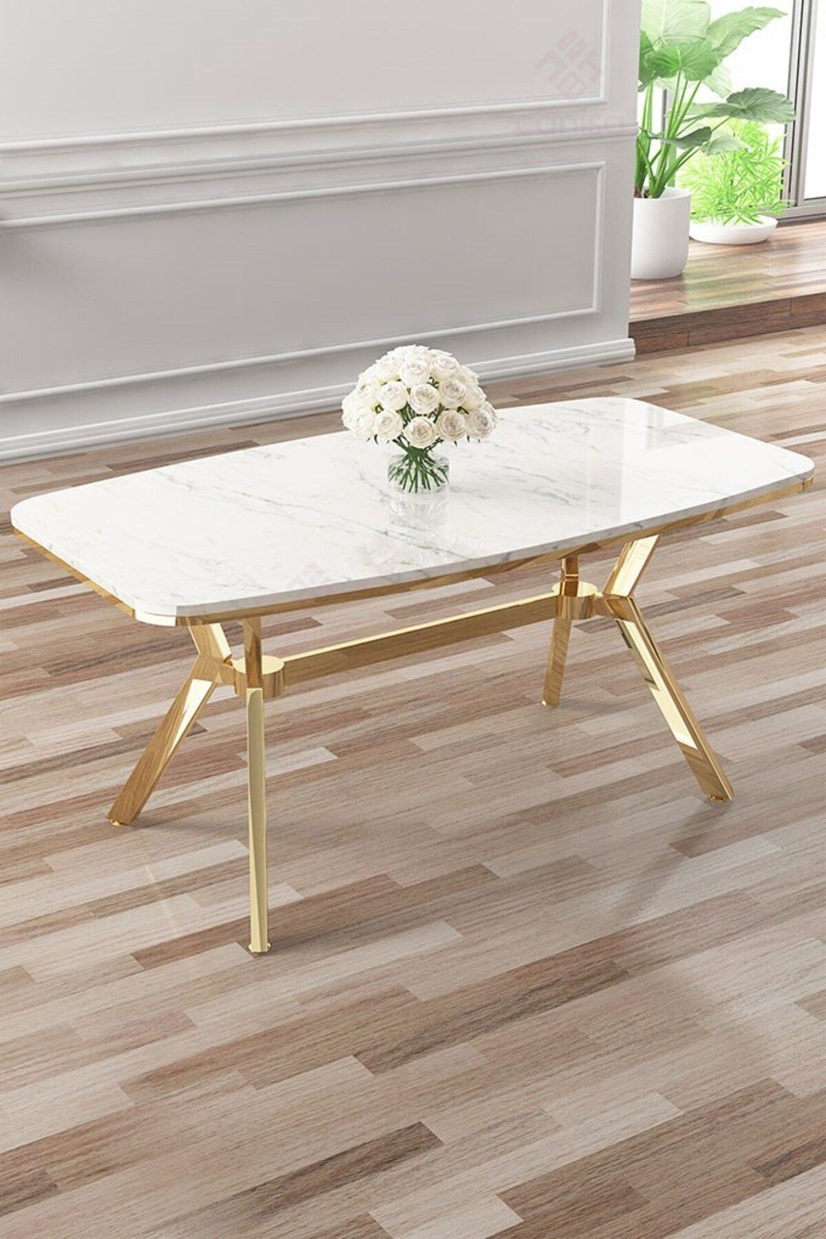Asel Serisi 90x160 Lak Panel Beyaz Mermer Desen Masa ve 6 Sandalye Gold Kaplama Ayak