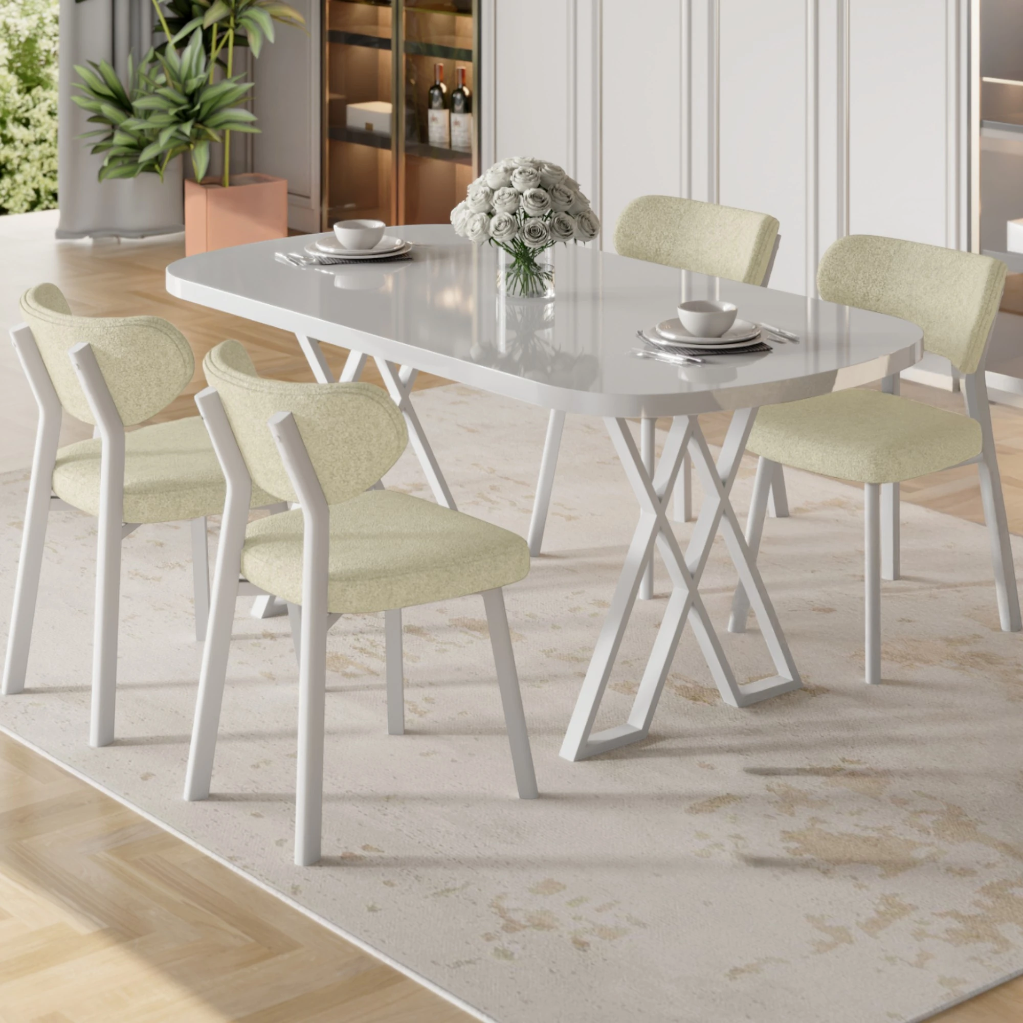 Krem Sandalye Beyaz Masa