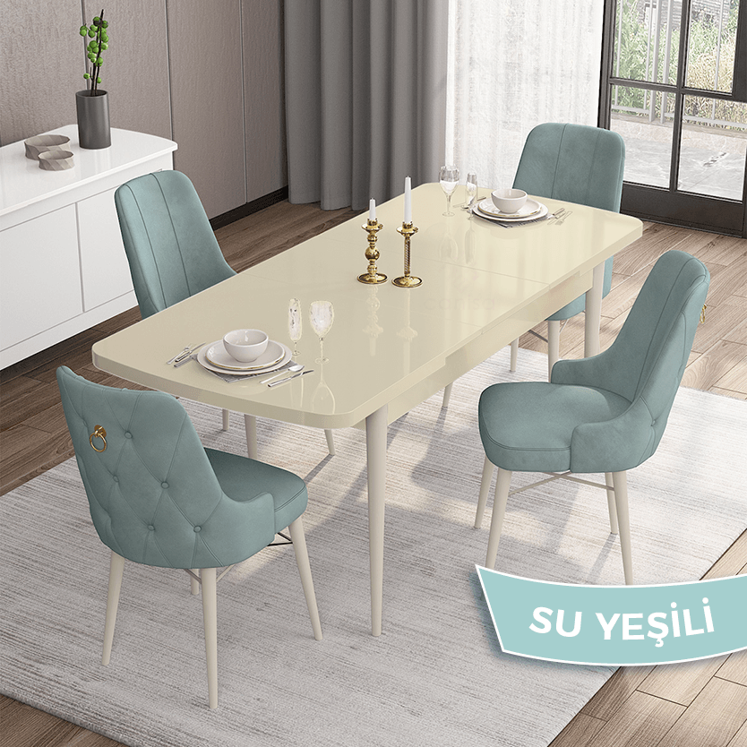 masa krem sandalye su yeşili
