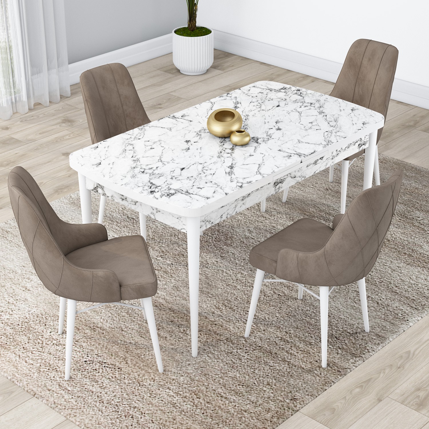 Lia Serisi 80x132 Açılabilir Beyaz Mermer Desen Masa Takımı ve 4 Sandalye