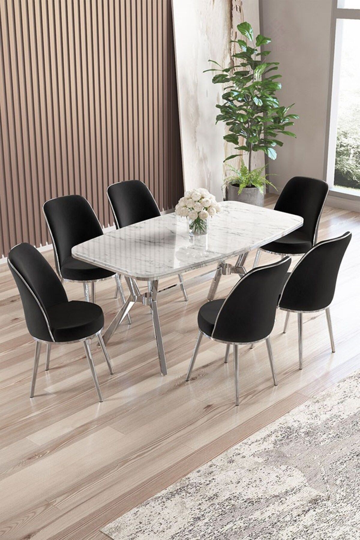 Lena Serisi 90x160 Lak Panel Beyaz Mermer Desen Masa Takımı ve 6 Sandalye Krom Kaplama Ayak