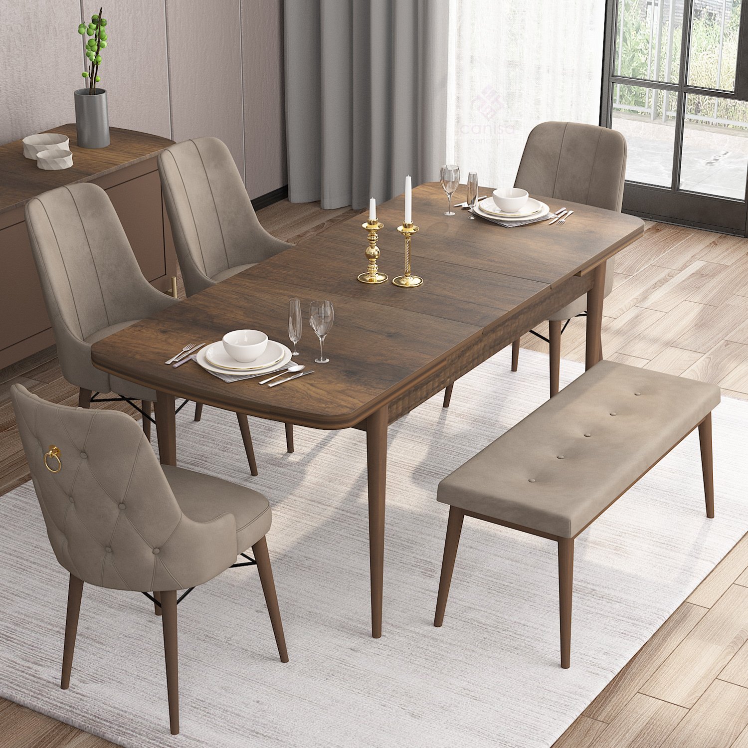 Are Serisi 80x132 Mdf Açılabilir Gold Halka Barok Ahşap Desen Masa Takımı 4 Sandalye Ve 1 Bench