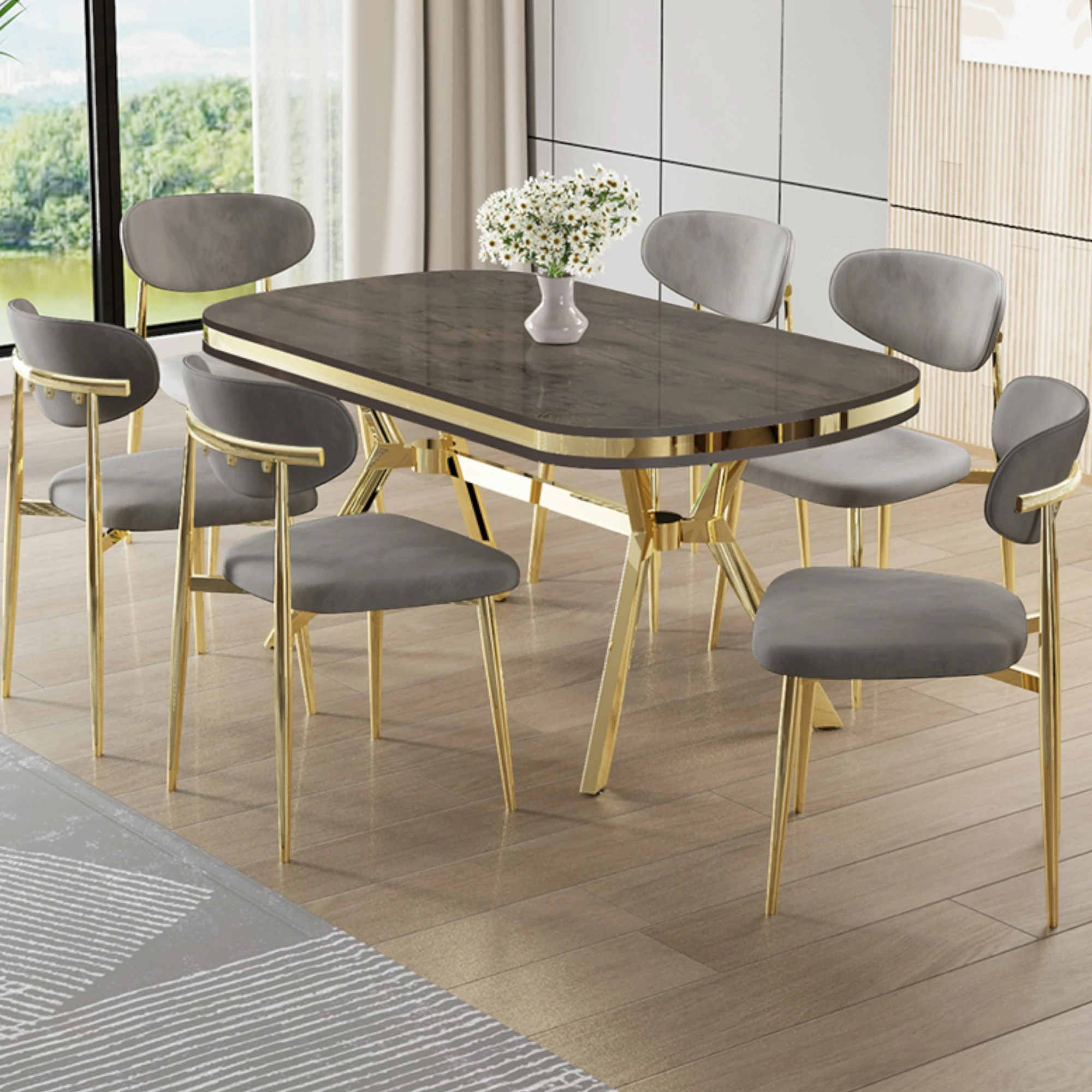 Antrasit İroni Masa Gri Sandalye Gold Ayak