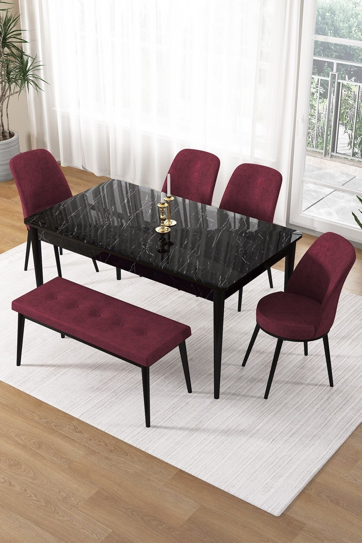 Pir Serisi 80x130 Sabit Siyah Mermer Desen Masa Takımı 4 Sandalye Ve 1 Bench