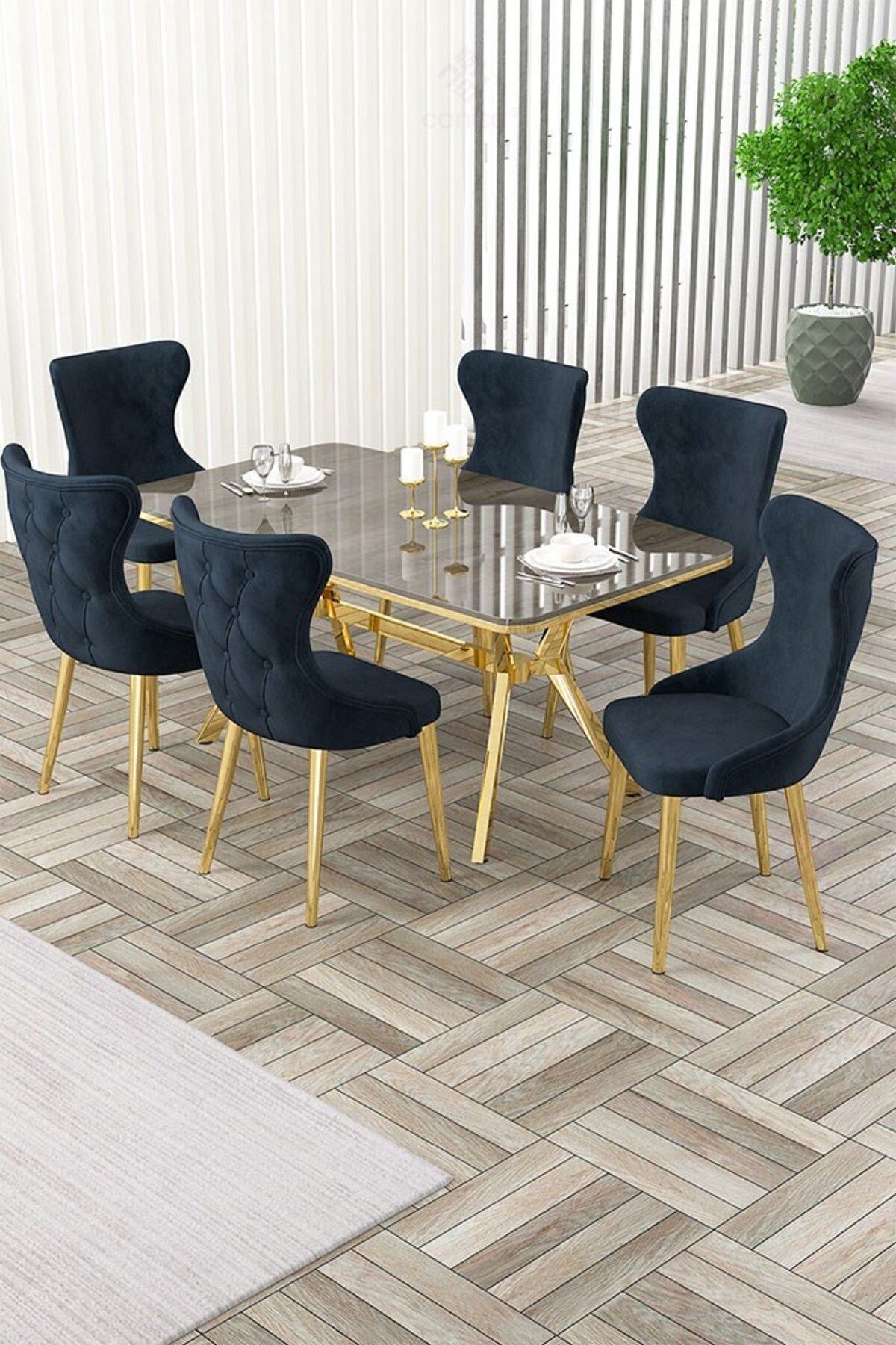 Esla Serisi 90x160 Lak Panel Antrasit İroni Masa ve 6 Sandalye Gold Kaplama Ayak
