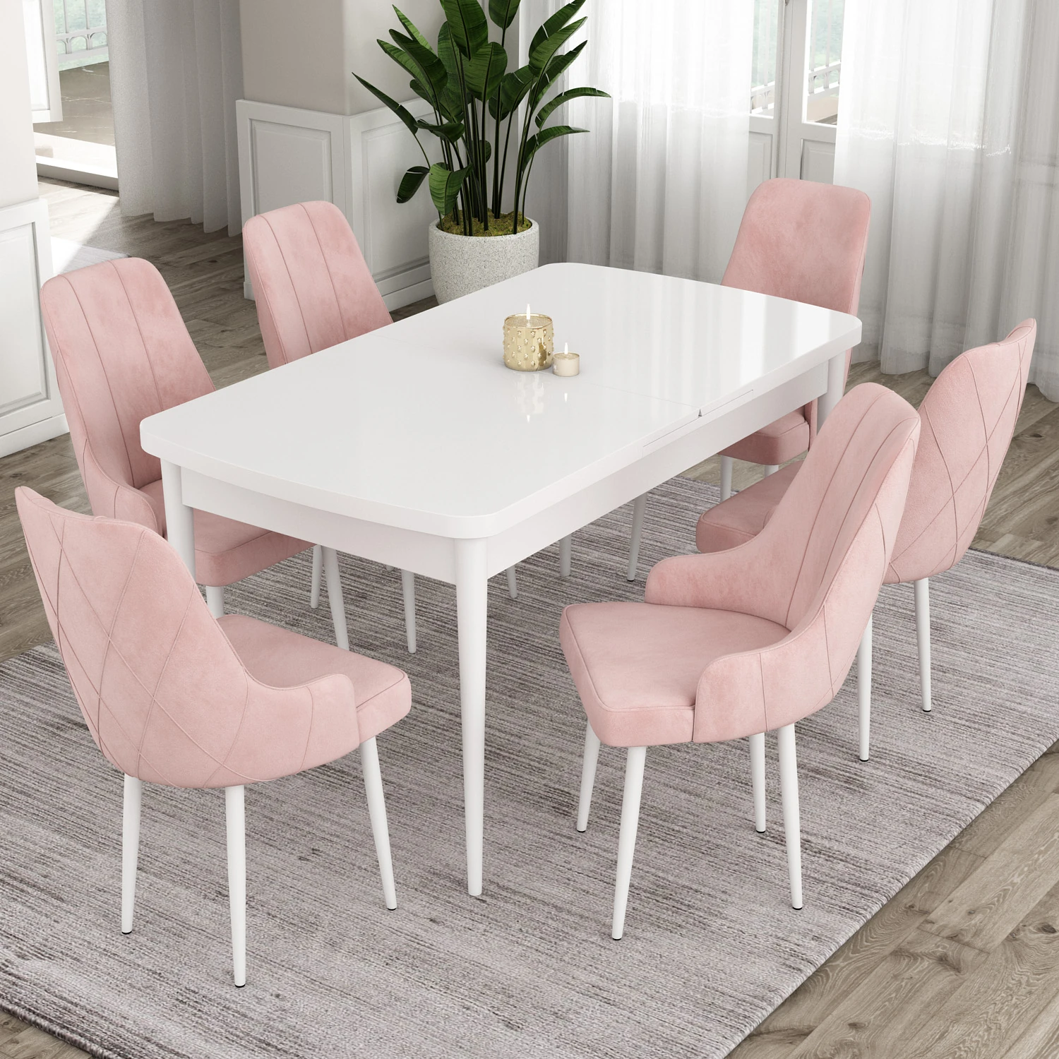 Ram Serisi 80x132 Açılabilir Beyaz Masa Takımı ve 6 Sandalye