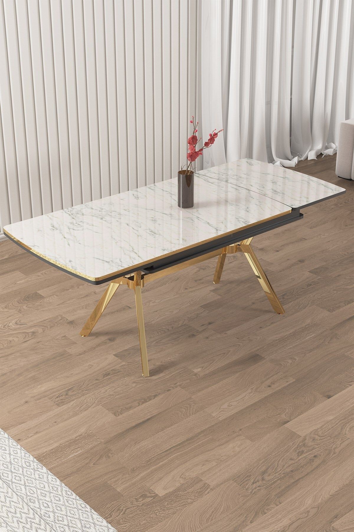 Nis Serisi 89x150 Açılabilir Lak Panel Beyaz Mermer Desen Masa ve 6 Sandalye Krom Kaplama Ayak