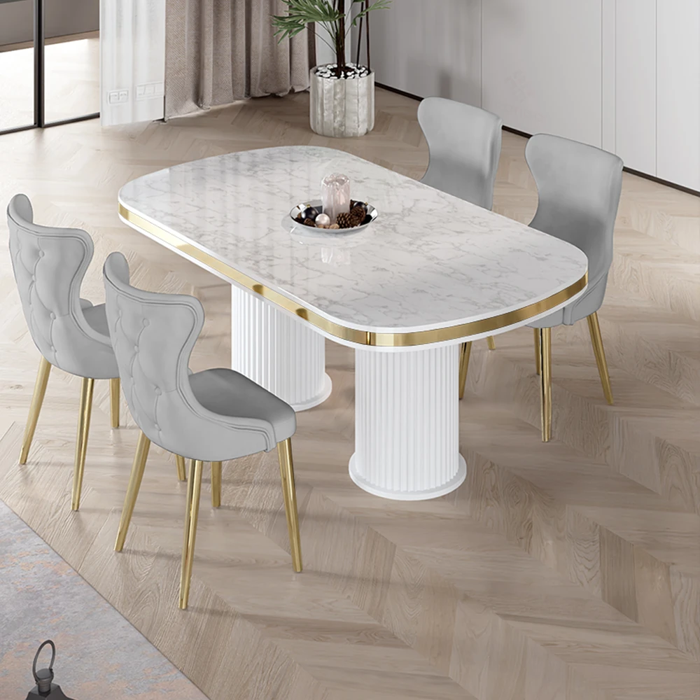 Beyaz Mermer Desen Masa Gri Sandalye